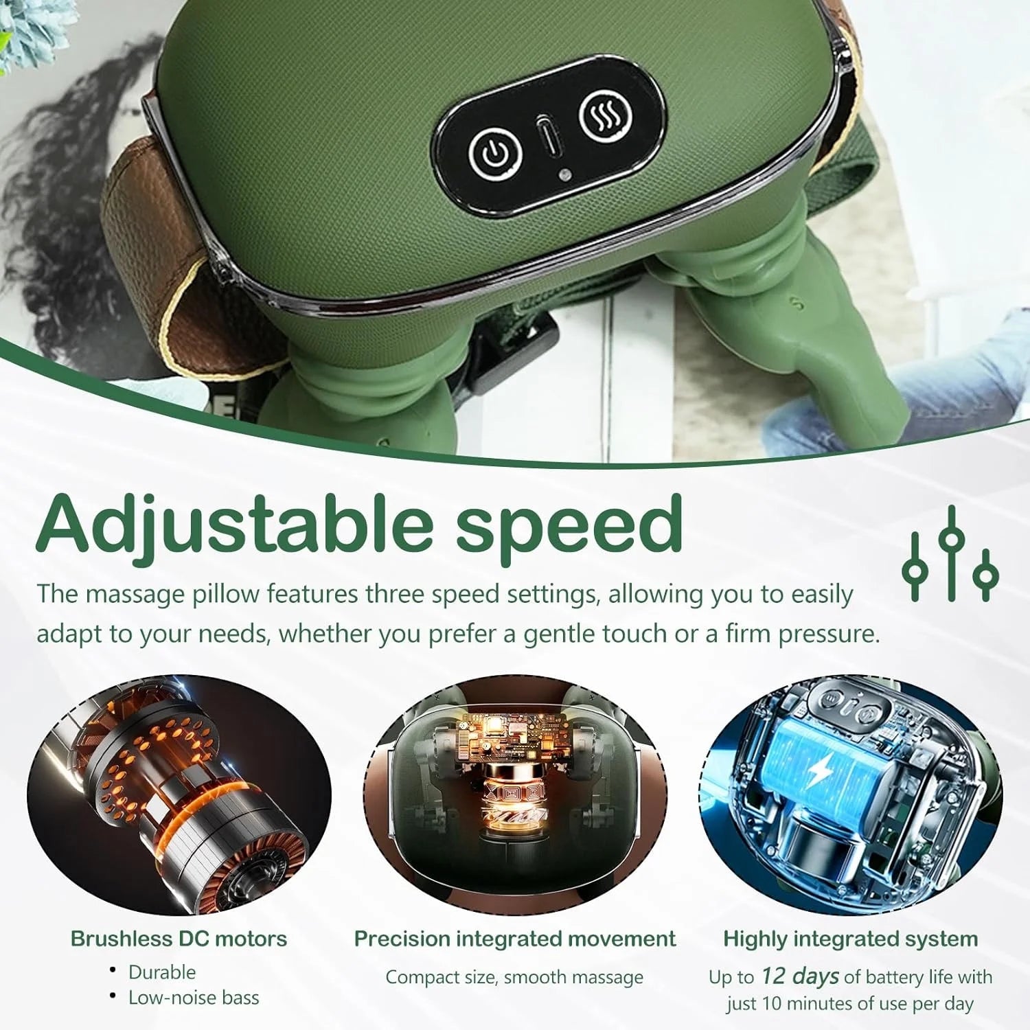 3PC Bionic Heated Massager, Portable Shiatsu Neck and Back Massager, Electric Deep Tissue 4D Kneading Massage, Simulated Human Hand Design for Pain Relief and Muscle Relax (Green)