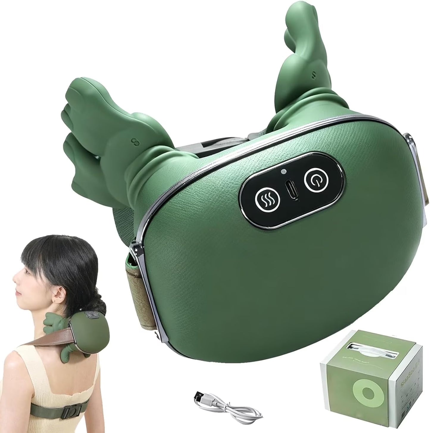 3PC Bionic Heated Massager, Portable Shiatsu Neck and Back Massager, Electric Deep Tissue 4D Kneading Massage, Simulated Human Hand Design for Pain Relief and Muscle Relax (Green)