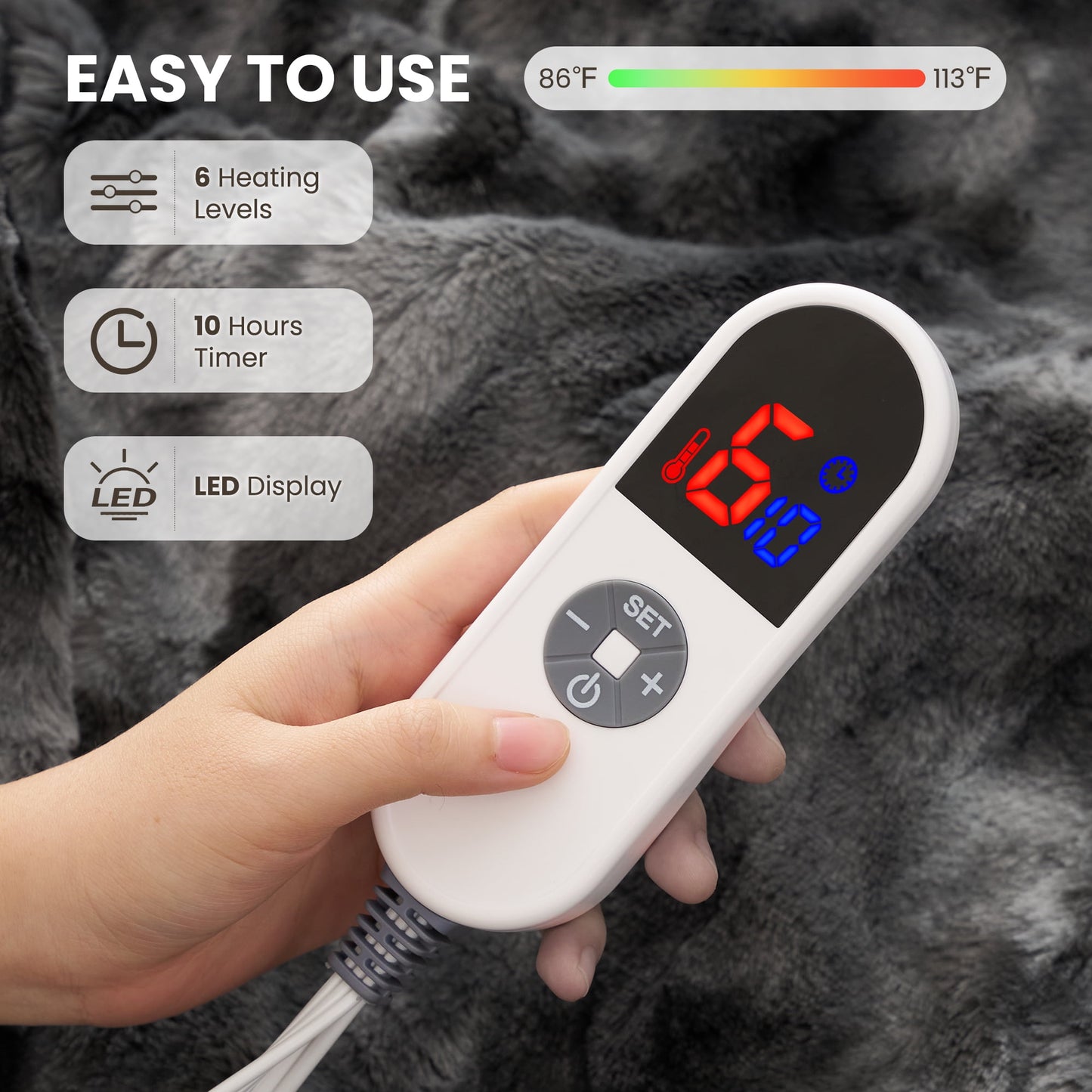 Luxurious Tie-Dye Black Heated Blanket - 72" X 84" Faux Fur & Sherpa Electric Throw with 6 Heat Levels, 10-Hour Timer, and LED Display, Machine Washable