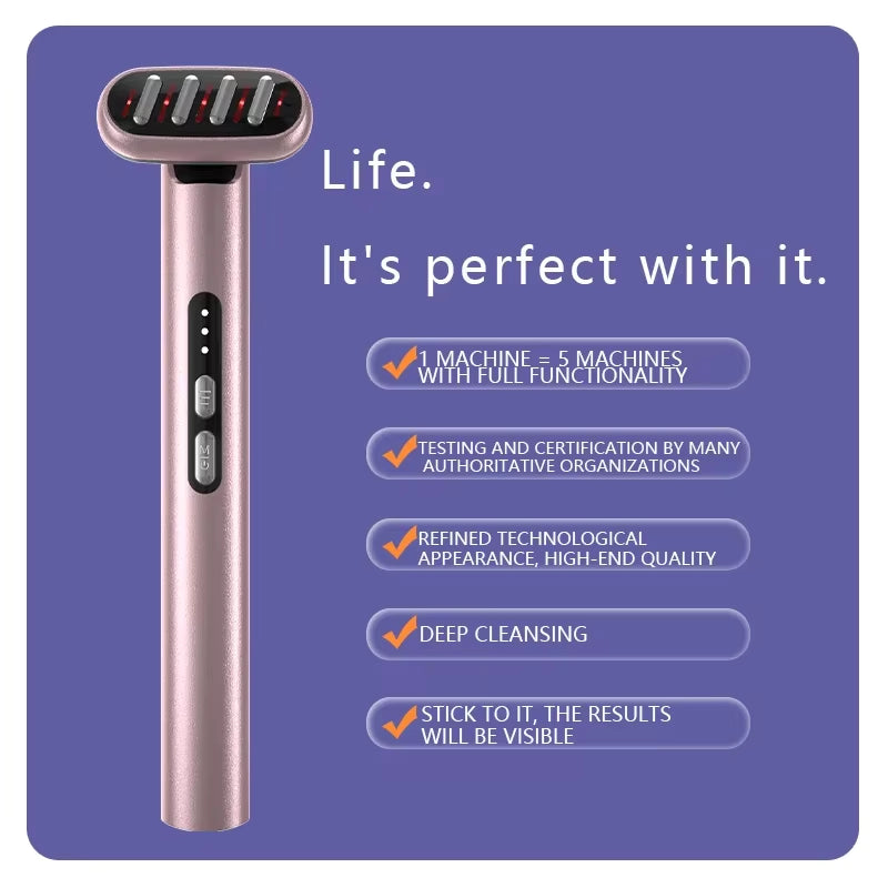 5 in 1 Face Massager Facial Wand Microcurrent Device Anti-Aging Red Blue LED Therapy Rejuvenation Heat Therapy Skin Care Tool