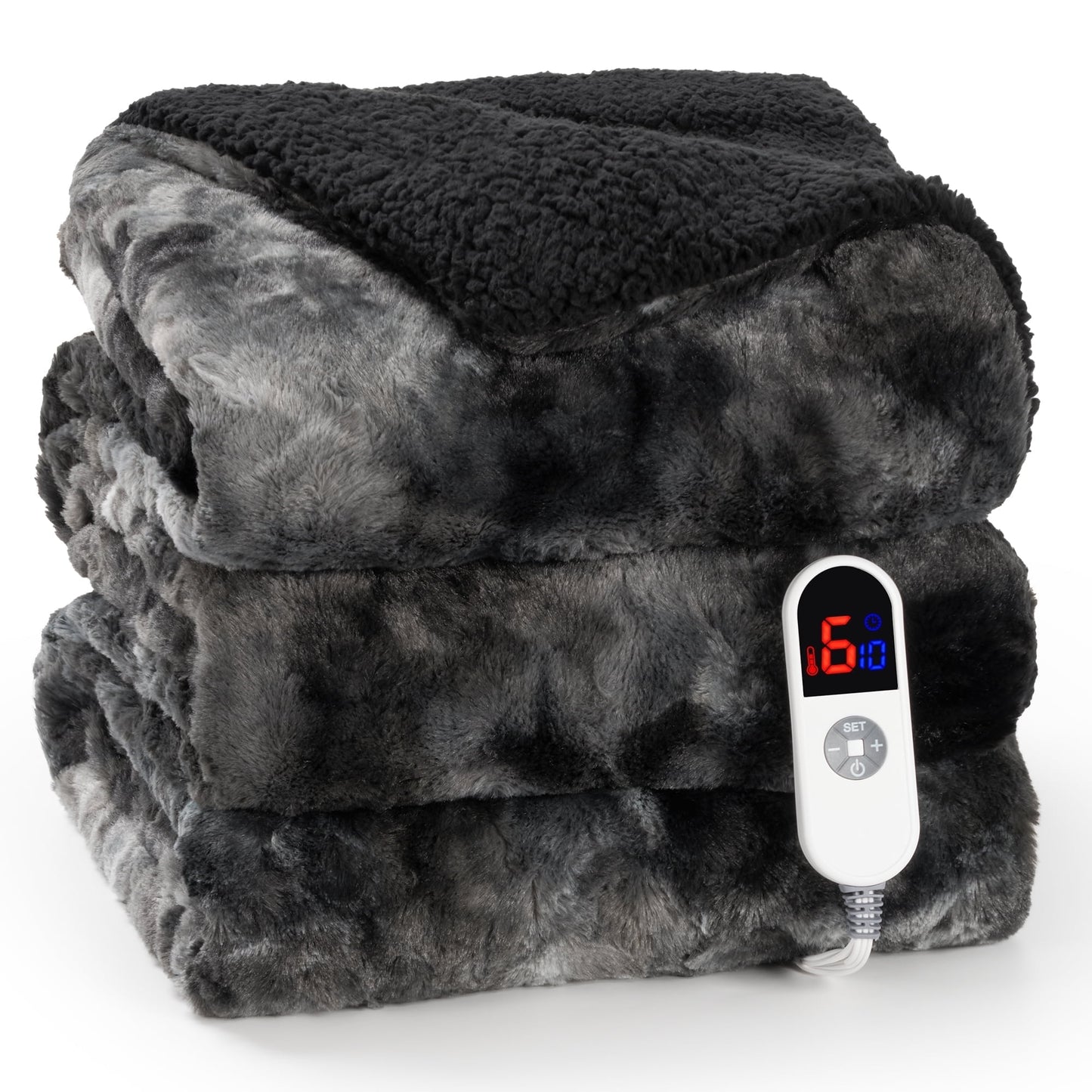 Luxurious Tie-Dye Black Heated Blanket - 72" X 84" Faux Fur & Sherpa Electric Throw with 6 Heat Levels, 10-Hour Timer, and LED Display, Machine Washable