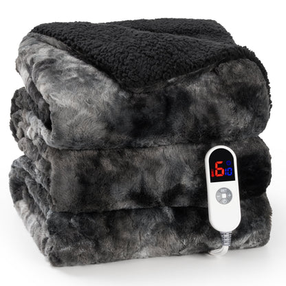 Luxurious Tie-Dye Black Heated Blanket - 72" X 84" Faux Fur & Sherpa Electric Throw with 6 Heat Levels, 10-Hour Timer, and LED Display, Machine Washable
