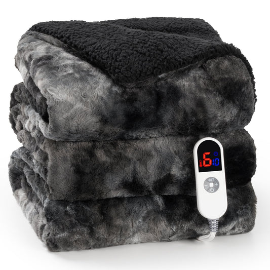 Luxurious Tie-Dye Black Heated Blanket - 72" X 84" Faux Fur & Sherpa Electric Throw with 6 Heat Levels, 10-Hour Timer, and LED Display, Machine Washable