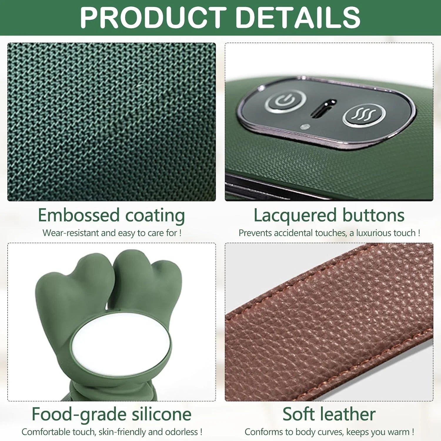 3PC Bionic Heated Massager, Portable Shiatsu Neck and Back Massager, Electric Deep Tissue 4D Kneading Massage, Simulated Human Hand Design for Pain Relief and Muscle Relax (Green)