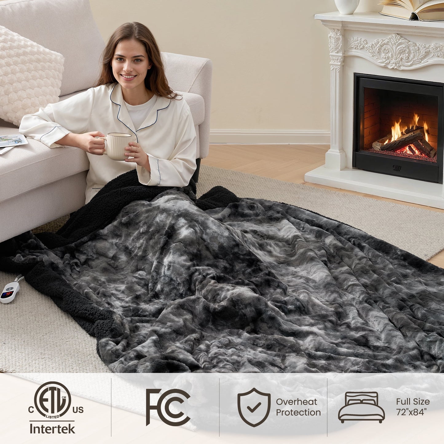 Luxurious Tie-Dye Black Heated Blanket - 72" X 84" Faux Fur & Sherpa Electric Throw with 6 Heat Levels, 10-Hour Timer, and LED Display, Machine Washable