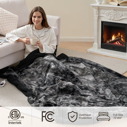 Luxurious Tie-Dye Black Heated Blanket - 72" X 84" Faux Fur & Sherpa Electric Throw with 6 Heat Levels, 10-Hour Timer, and LED Display, Machine Washable