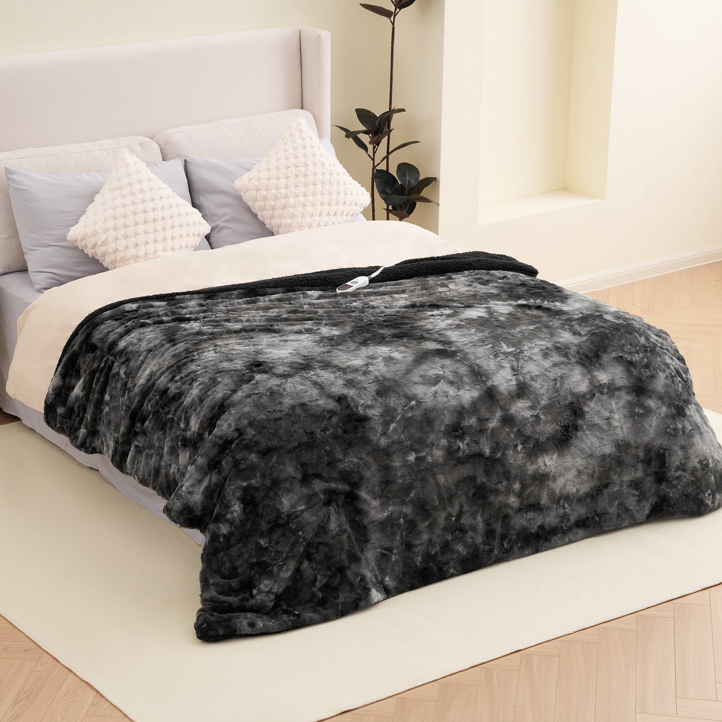 Luxurious Tie-Dye Black Heated Blanket - 72" X 84" Faux Fur & Sherpa Electric Throw with 6 Heat Levels, 10-Hour Timer, and LED Display, Machine Washable