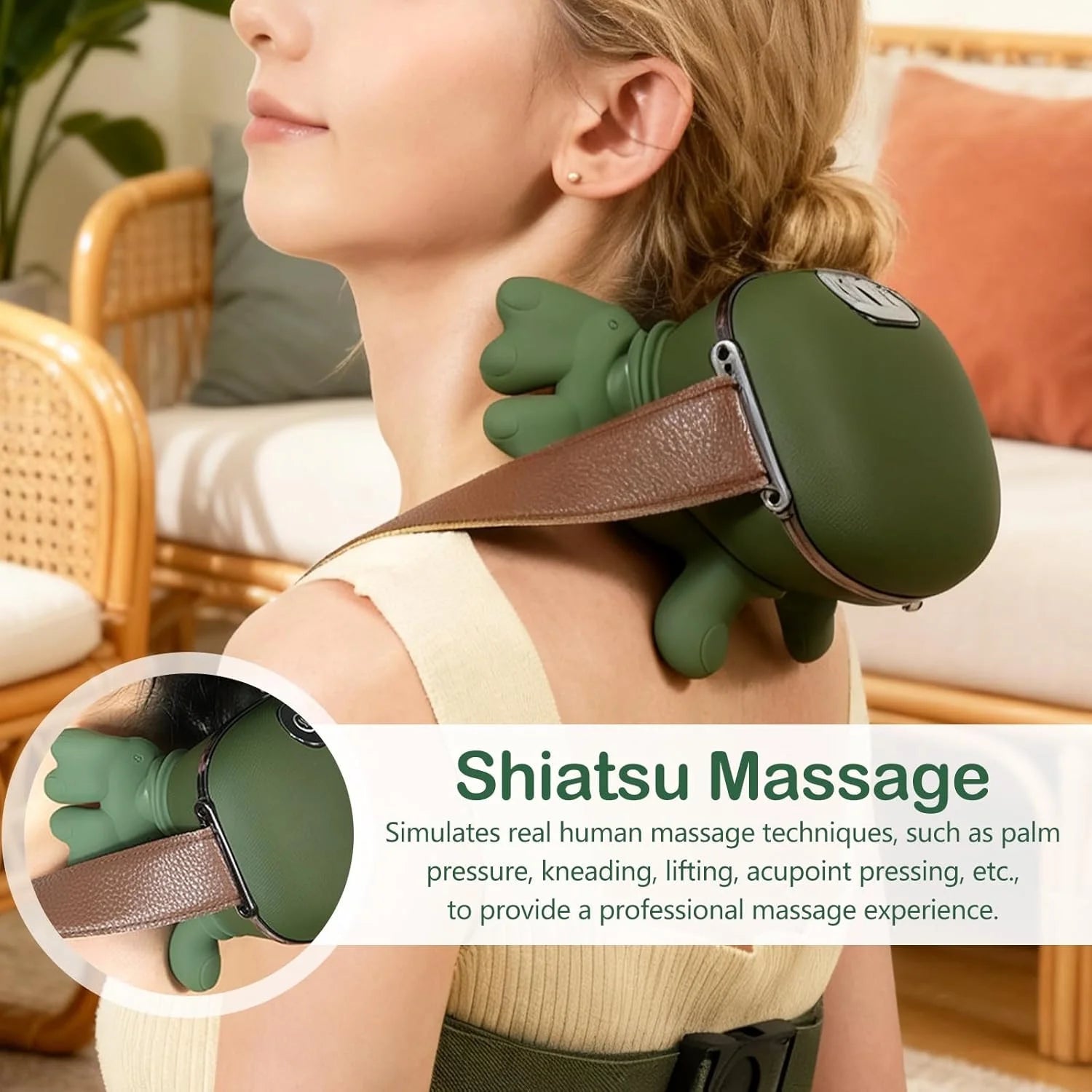 3PC Bionic Heated Massager, Portable Shiatsu Neck and Back Massager, Electric Deep Tissue 4D Kneading Massage, Simulated Human Hand Design for Pain Relief and Muscle Relax (Green)